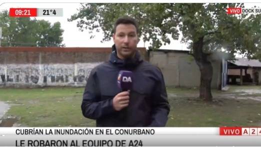 Inseguridad en Dock Sud: asaltaron a un equipo de televisión mientras cubría el temporal en vivo