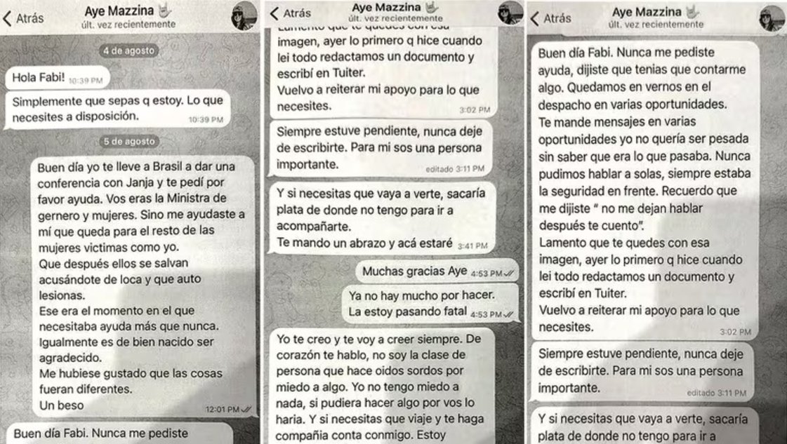 Fabiola Yañez aportó los chats con la exministra de Mujeres, Ayelén Mazzina Fabiola Yañez aportó los chats con la exministra de Mujeres, Ayelén Mazzina