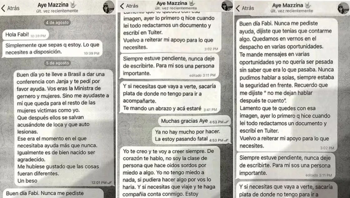 Fabiola Yañez aportó los chats con la exministra de Mujeres, Ayelén Mazzina Fabiola Yañez aportó los chats con la exministra de Mujeres, Ayelén Mazzina